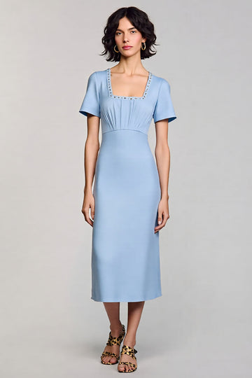 Sparkly Sky Blue Sheath Short Sleeves Square Neck Long Work Dress